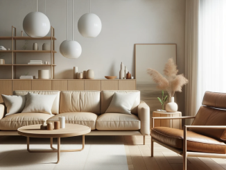 Living minimalist în stil scandinav cu canapea și fotolii din piele naturală.